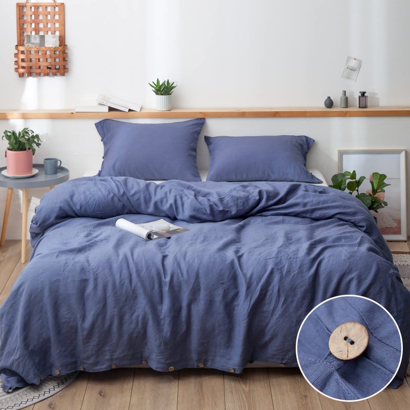 Simple&Opulence 100% Linen Duvet Cover Set, 3 Pieces Belgian Flax Breathable Bedding, 1 Comforter Cover+2 Pillowshams with Coconut Button Closure(Queen,Classic Blue) - Image 1
